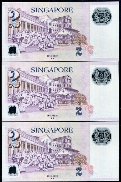 SINGAPORE SET 3 UNC 2 DOLLARS 2014-2015 NEW POLYMER W/2 DIAMONDS MATCHING NUMBER