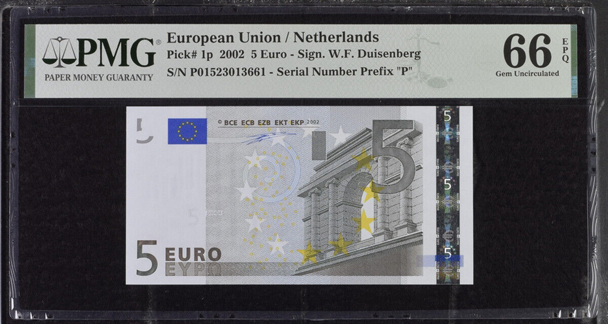 Euro 5 Euro Netherlands 2002 P 1 p Gem UNC PMG 66 EPQ