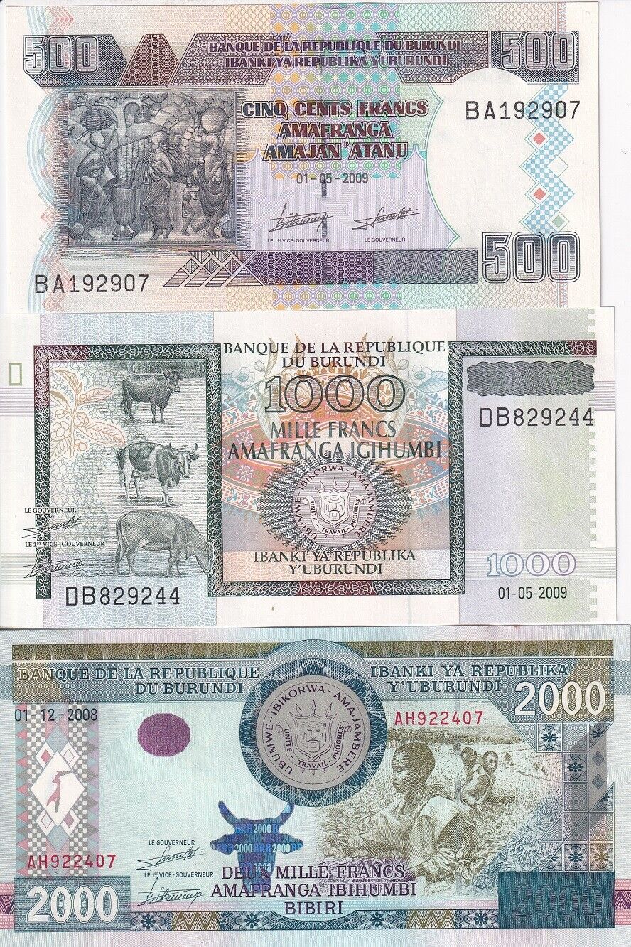 Burundi Set 3 PCS 500 1000 2000 Francs 2008 - 2009 P 45 P 46 P 48 UNC