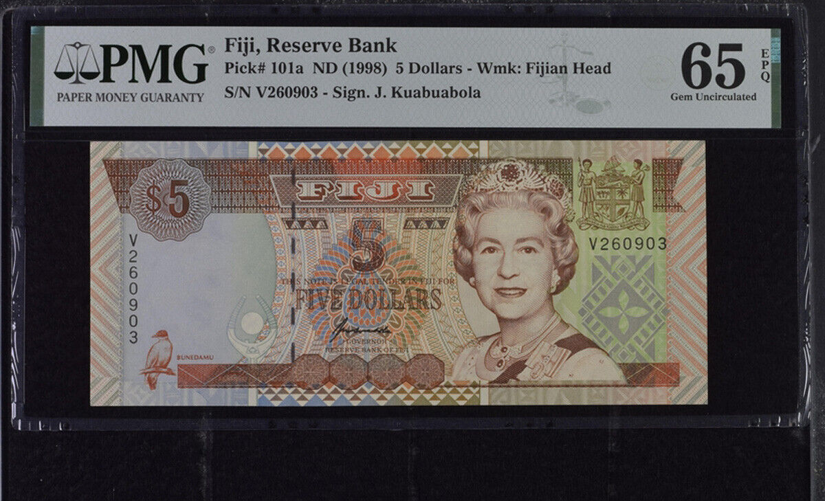 Fiji 5 Dollars ND 1998 P 101 a GEM UNC PMG 65 EPQ