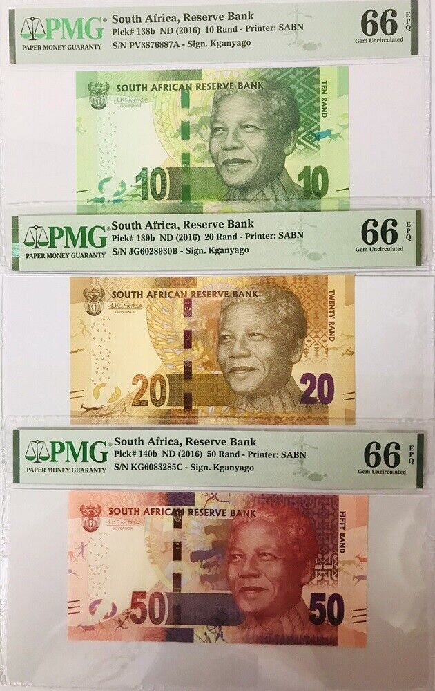 South Africa Set 3 ,10 20 50 Rands ND 2016 P 138b 139b 140b GEM UNC PMG 66 EPQ