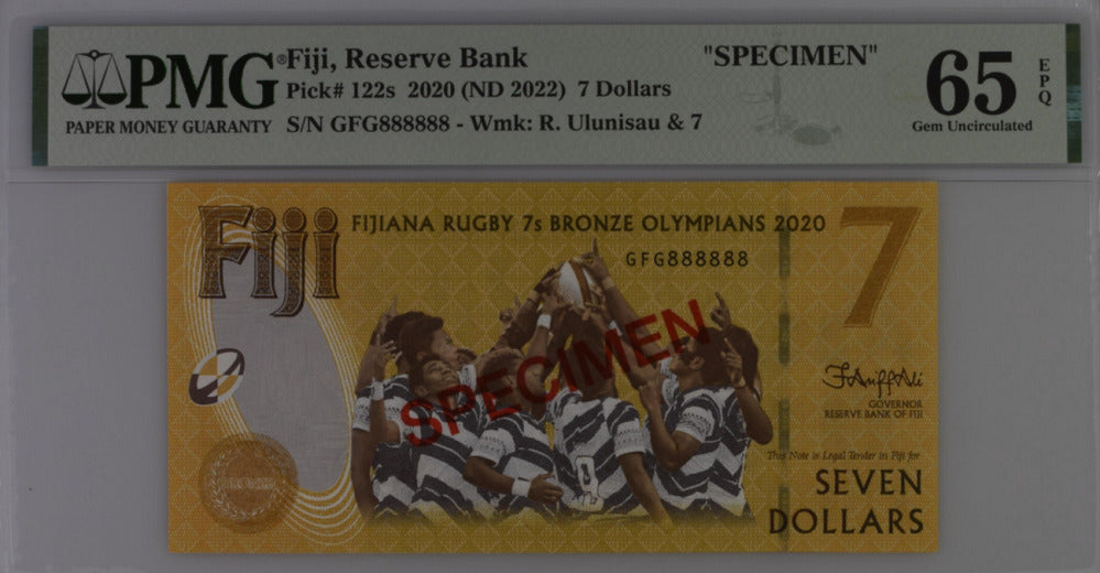 Fiji 7 Dollars 2020 / 2022 Comm. P 122 a SPECIMEN Gem UNC PMG 65 EPQ