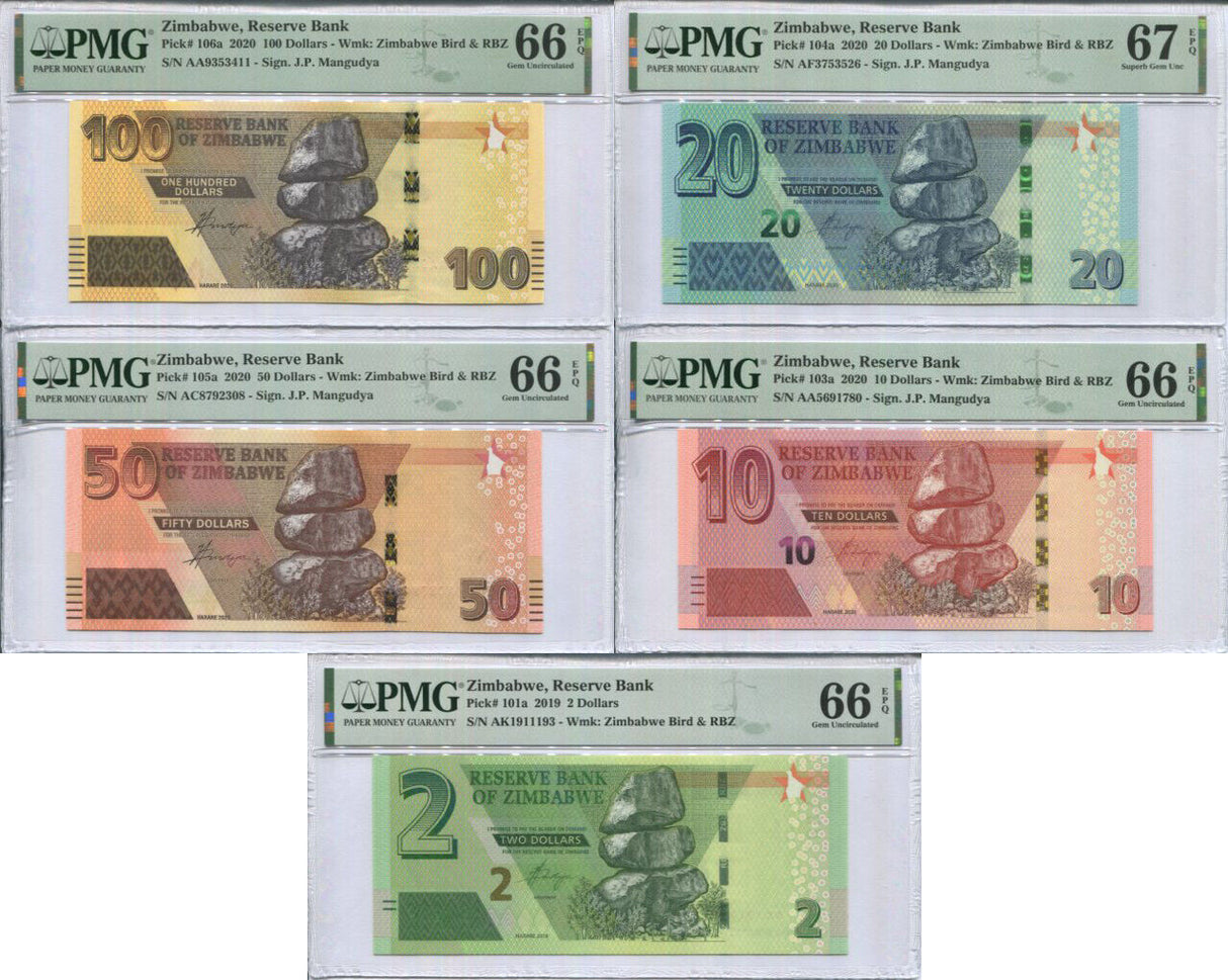 Zimbabwe Set 5, 2- 100 Dollars 2019-2020 P 101-106 Superb Gem UNC PMG 66 67 EPQ