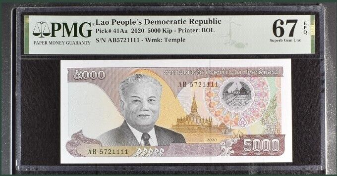 Laos 5000 Kip 2020 P 41Aa Superb Gem UNC PMG 67 EPQ