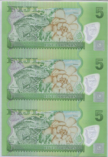 Fiji 5 Dollars 2013 P 115 Polymer UNCUT SHEET OF 3 UNC