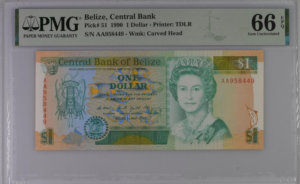 Belize 1 Dollar 1990 P 51 Gem UNC PMG 66 EPQ