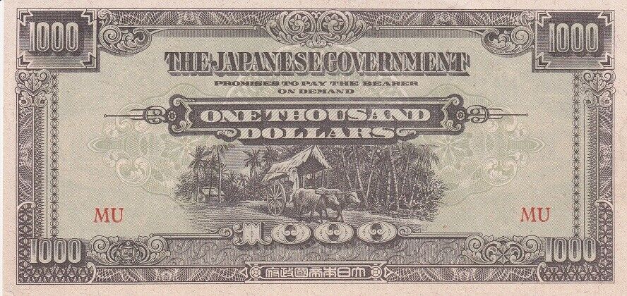 Malaya Japanese Occupation ND 1945 WWII 1000 Dollars P M10 b AUnc