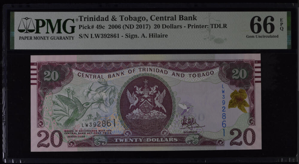 Trinidad & Tobago 20 Dollars 2006 ND 2017 P 49 c Gem UNC PMG 66 EPQ