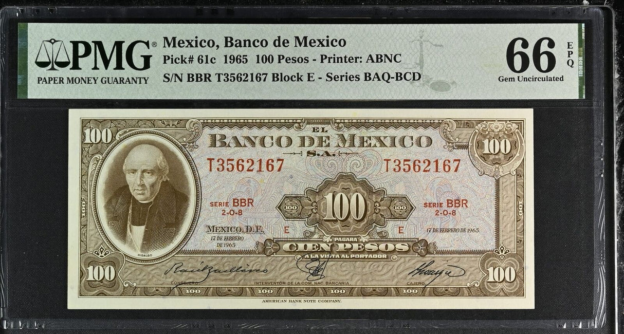 MEXICO 100 PESO 1965 P 61 c Gem UNC PMG 66 EPQ