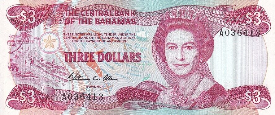 Bahamas 3 Dollars 1974 ND 1984 QE II P 44 a UNC