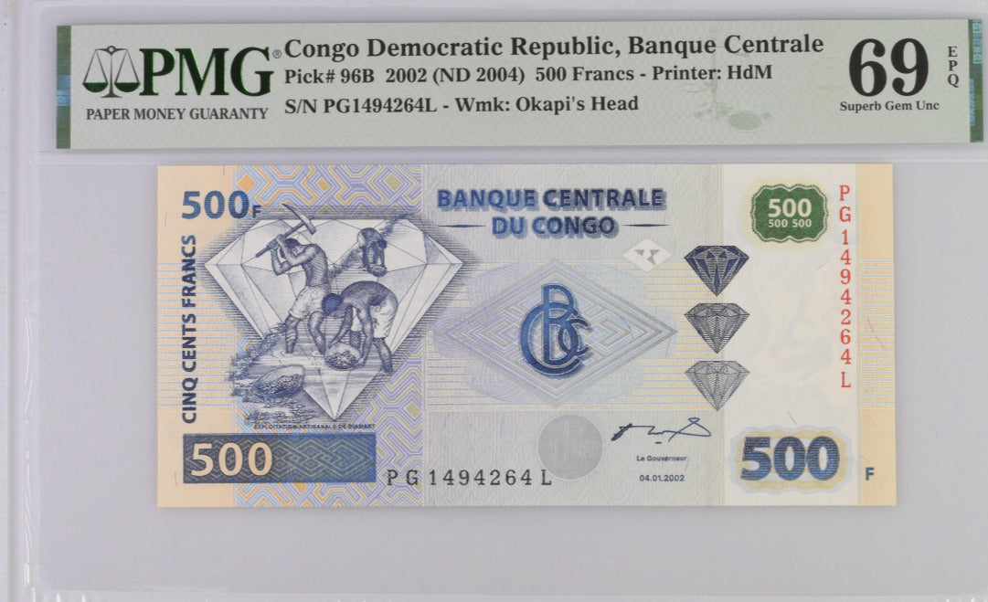 Congo 500 Francs 2002 ND 2004 P 96B Superb Gem UNC PMG 69 EPQ Top Pop