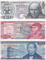 Mexico set 3 Pcs 10 20 50 Pesos Random Year P 63 P 64 P 67 UNC