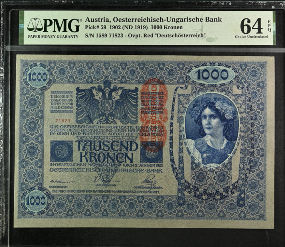 Austria 1000 Kronen 1902 ND 1919 P 59 Choice UNC PMG 64 EPQ