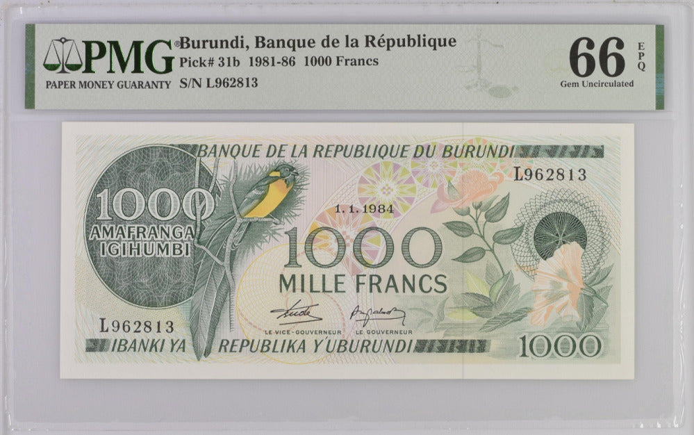 Burundi 1000 Francs 1981-1986 P 31 b Gem UNC PMG 66 EPQ