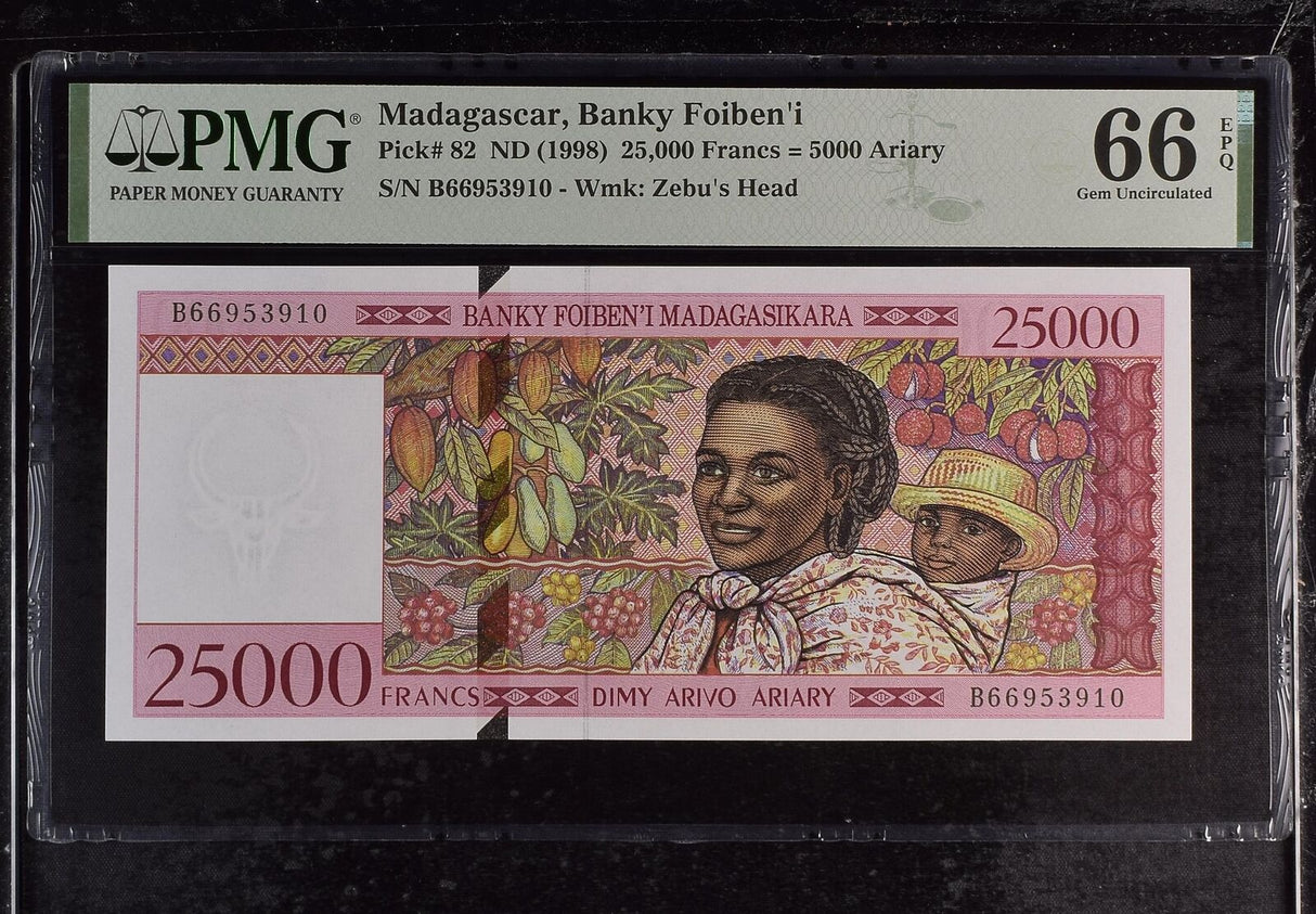 Madagascar 25000 Francs 5000 Ariary ND 1998 P 82 GEM UNC PMG 66 EPQ