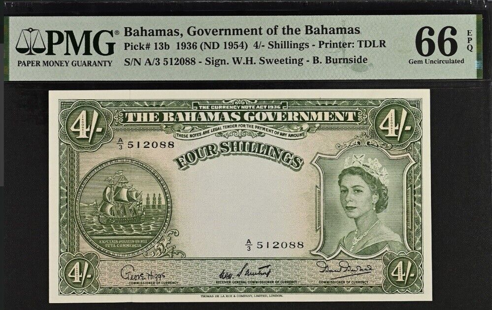 Bahamas 4/- Shillings 1936 ND 1954 P 13 b Gem UNC PMG 66 EPQ