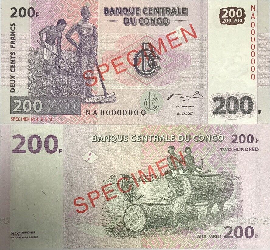 Congo 200 Francs 2007 P 99 as Specimen NA-Q UNC