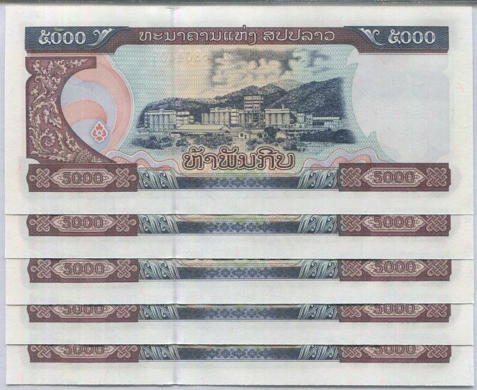 Laos 5000 Kip 2003 P 34 UNC LOT 5 PCS