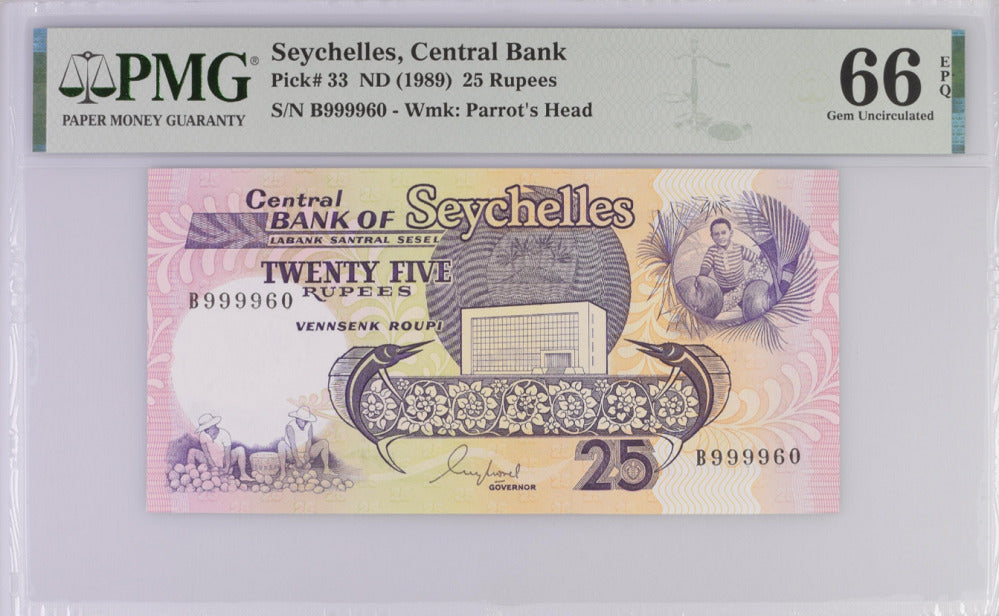 Seychelles 25 Rupees ND 1989 P 33 GEM UNC PMG 66 EPQ