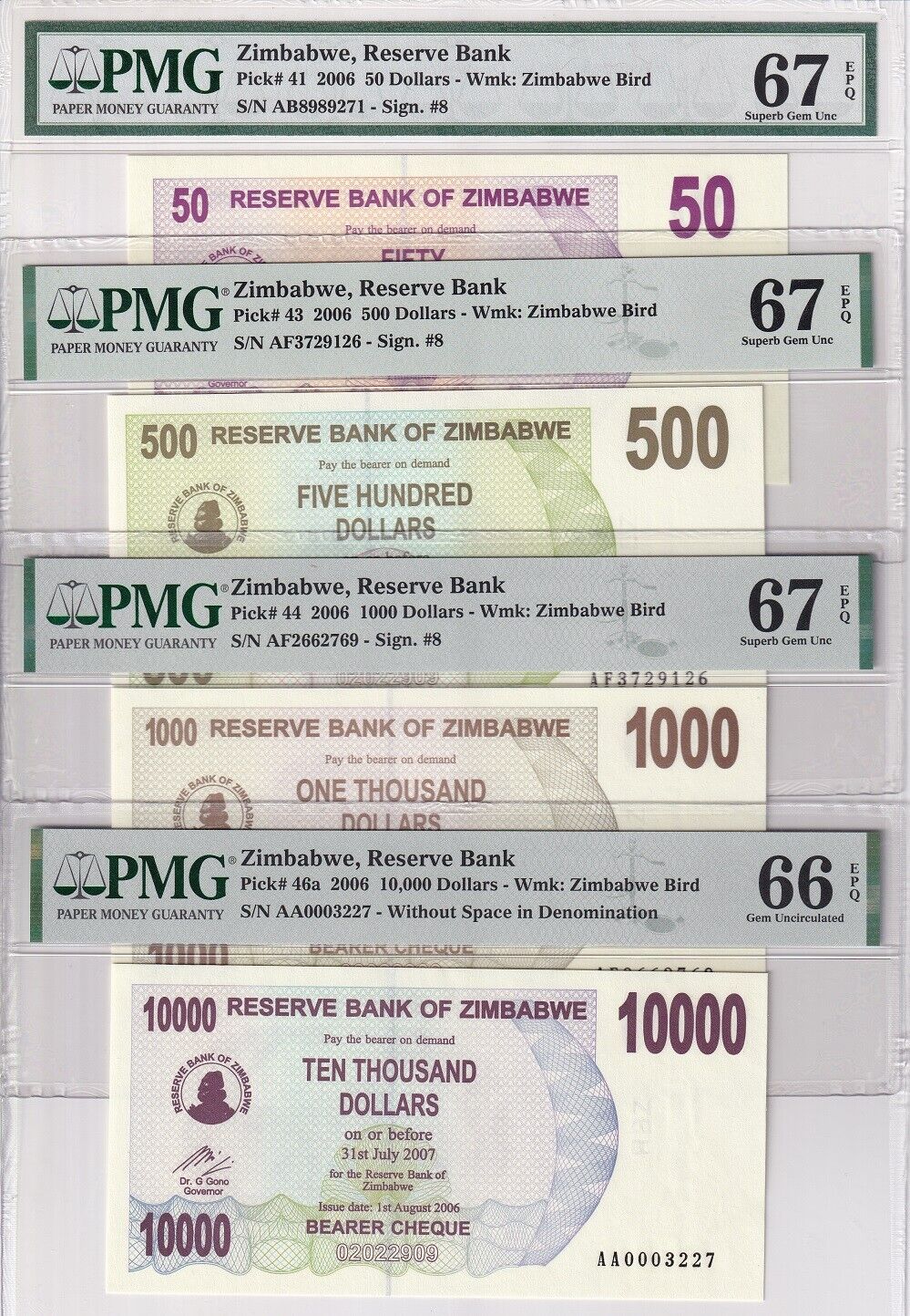 Zimbabwe Set 7; 1 50-1000 10000 Cent Dollars P33-P46 Superb UNC PMG 66 67 68 EPQ