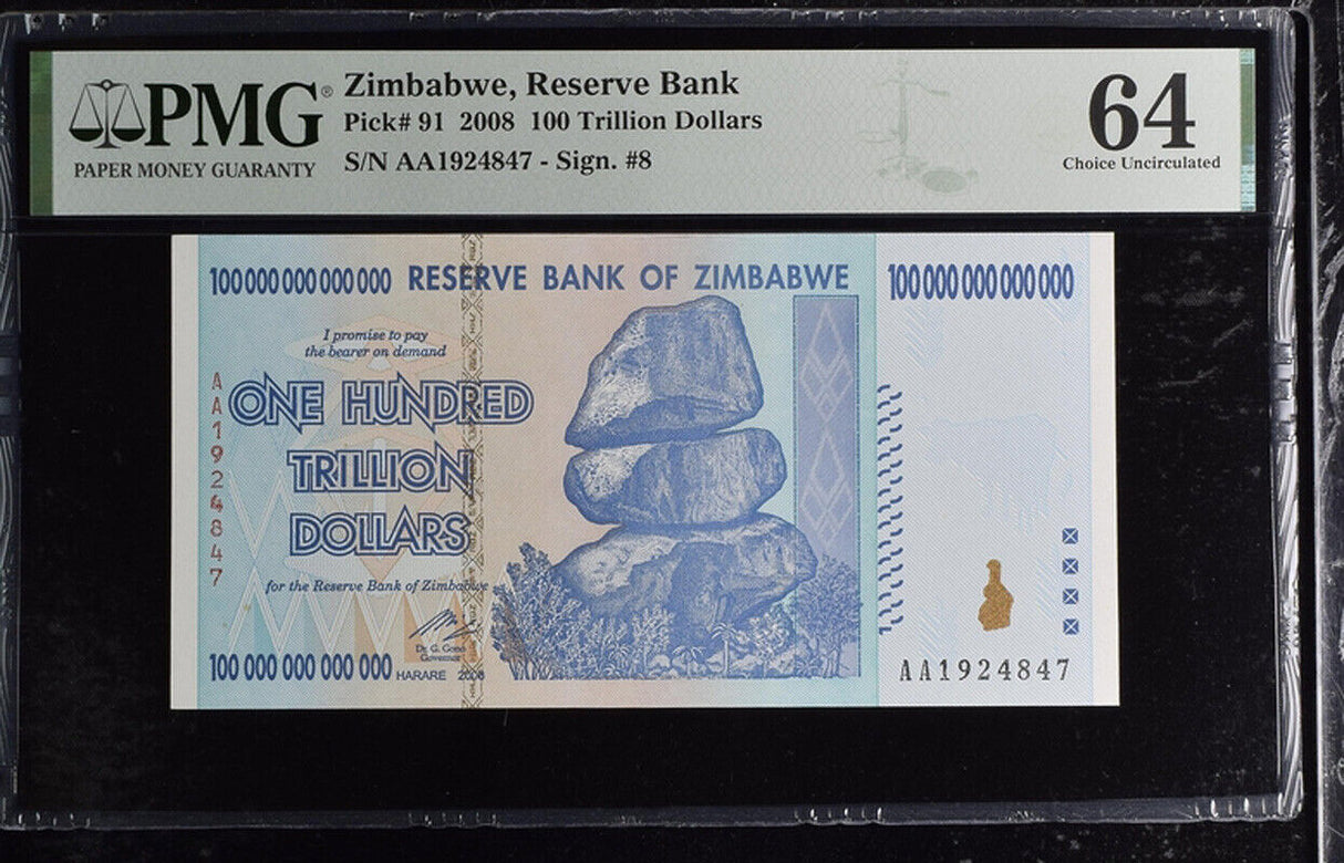 Zimbabwe 100 Trillion Dollars 2008 P 91 Choice UNC PMG 64
