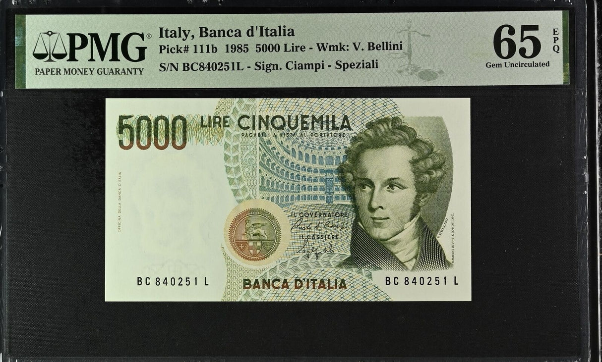 Italy 5000 Lire 1985 P 111 b Ciampi-Speziali Gem UNC PMG 65 EPQ