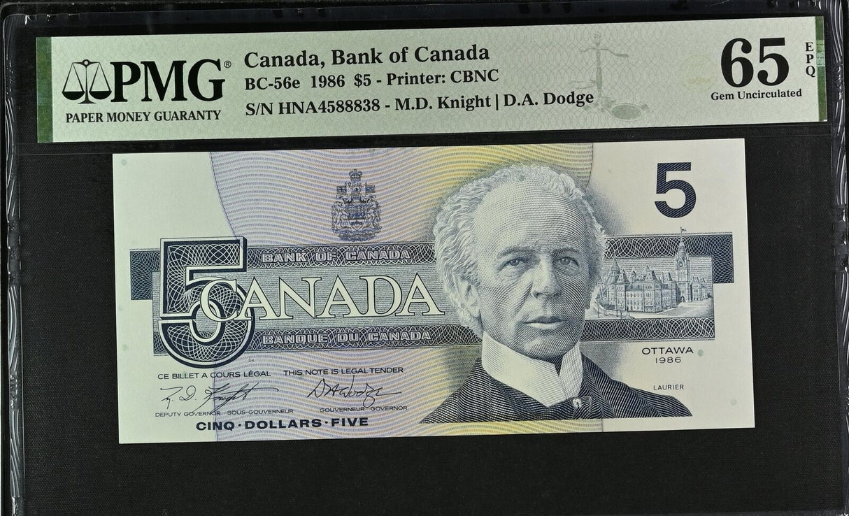 Canada 5 Dollars 1986 P 95 Knight Dodge BC-56e Gem UNC PMG 65 EPQ