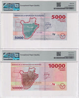 Burundi Set 2; 5000 10000 Francs 2022 P 58 59 Superb Gem UNC PMG 66 67 EPQ