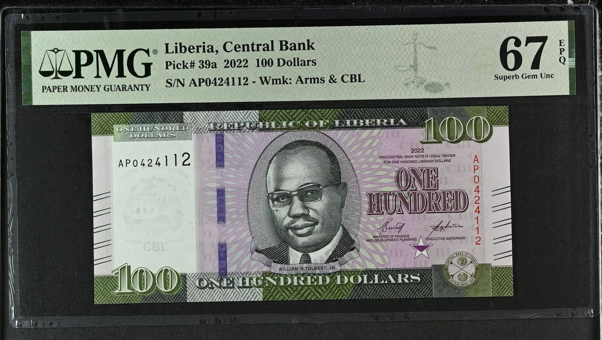Liberia 100 Dollars 2022 P 39 a Superb Gem UNC PMG 67 EPQ