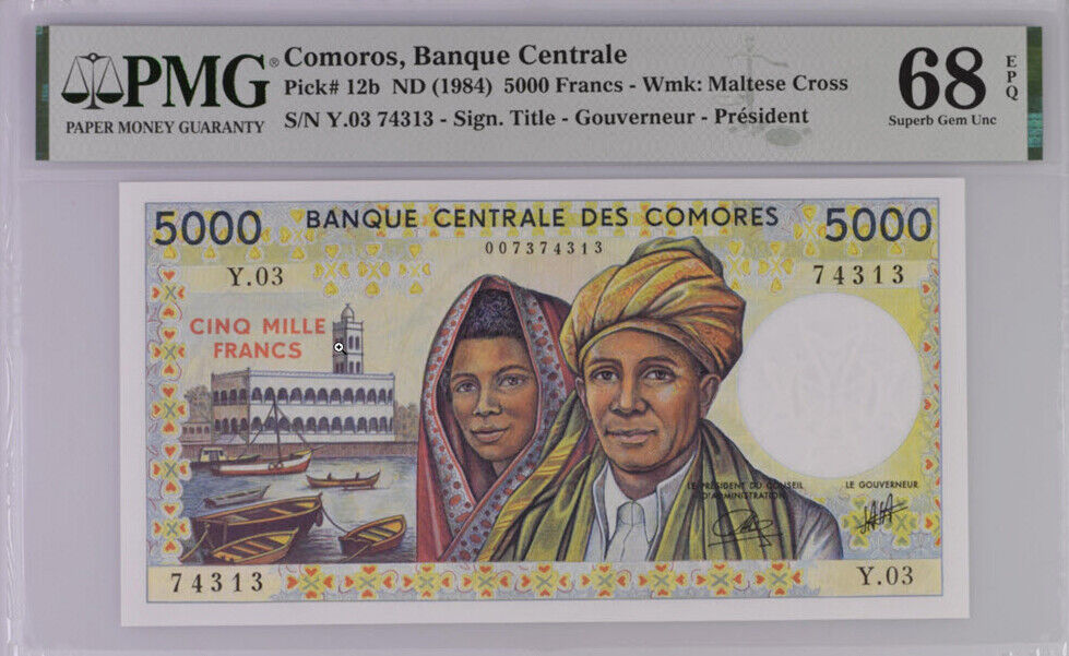 Comoros 5000 Francs ND 1984 P 12 b Superb Gem UNC PMG 68 EPQ Top Pop