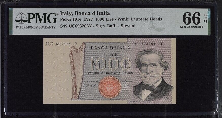Italy 1000 Lire 1977 P 101 e Gem UNC PMG 66 EPQ