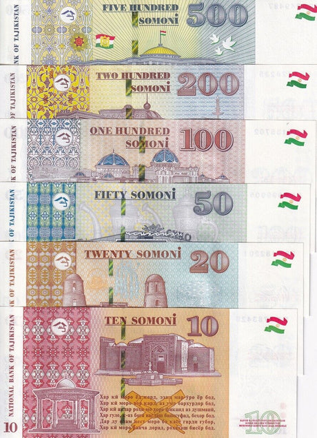 Tajikistan Set 6 UNC 10 20 50 100 200 500 SOM 2022 P 21 P 22 P 24 - P 26 P 28
