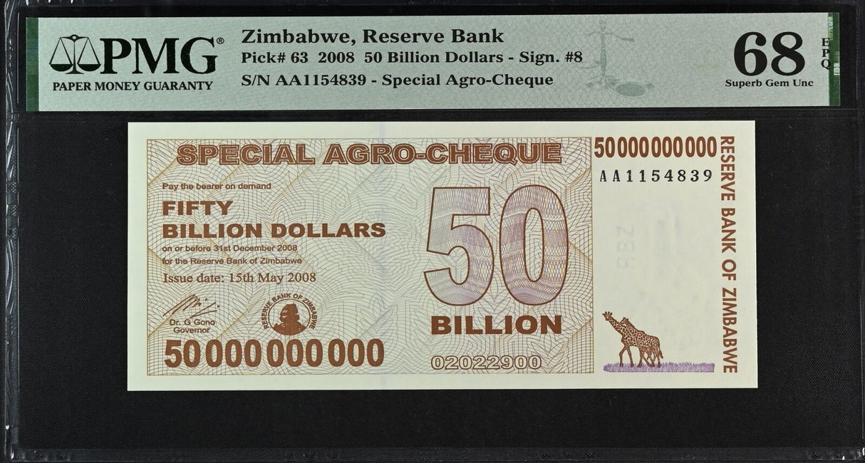 Zimbabwe 50 Billion Dollars 2008 P 63 Superb GEM UNC PMG 68 EPQ