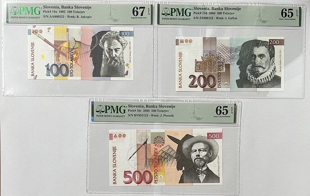 Slovenia SET 9, 10 20 -10000 Tolarjev P 11-16 32-34 Choice Gem UNC PMG 64-67 EPQ