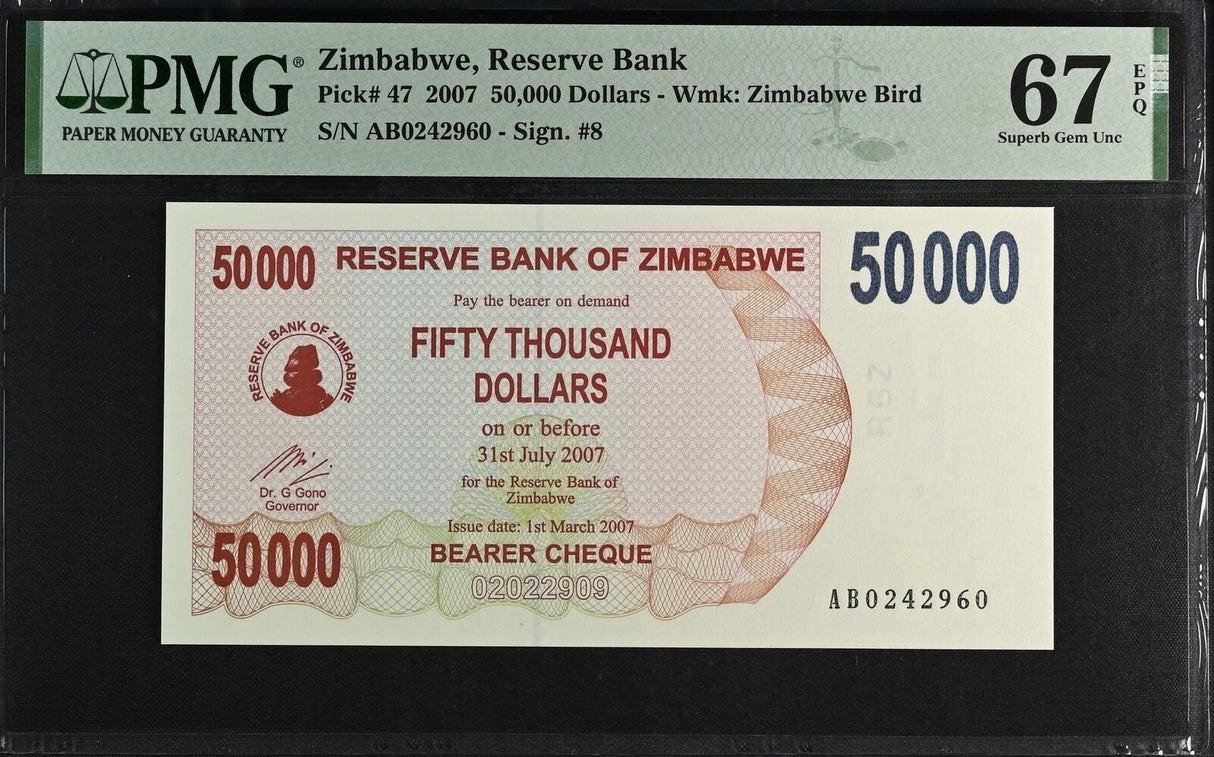 Zimbabwe 50000 Dollars 2007 P 47 Superb Gem UNC PMG 67 EPQ
