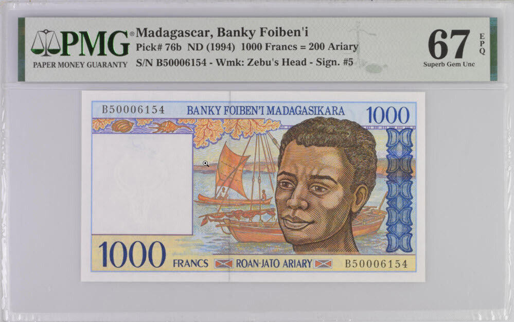 Madagascar 1000 Francs 200 Ariary ND 1994 P 76 b Superb Gem UNC PMG 67 EPQ