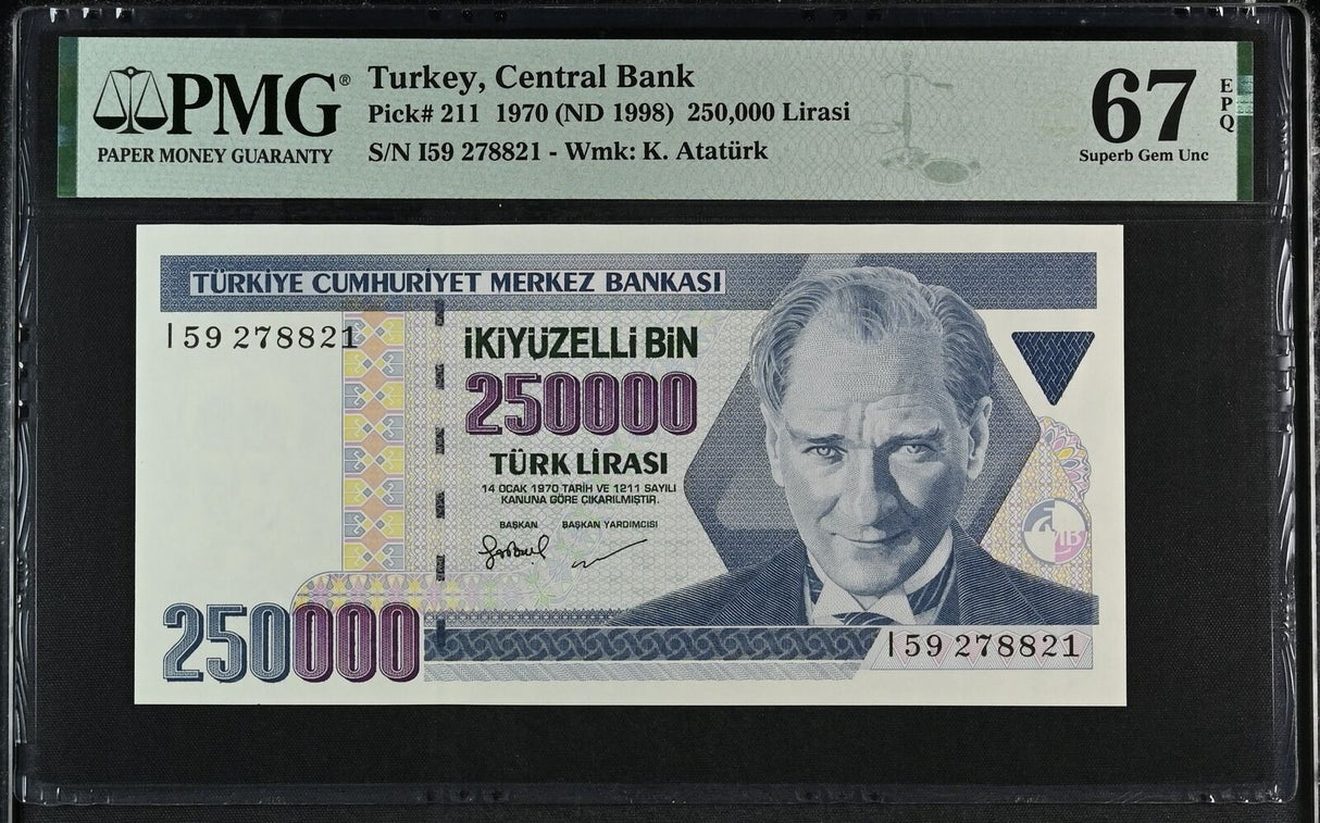 Turkey 250000 Lirasi 1970 ND 1998 P 211 Superb Gem UNC PMG 67 EPQ