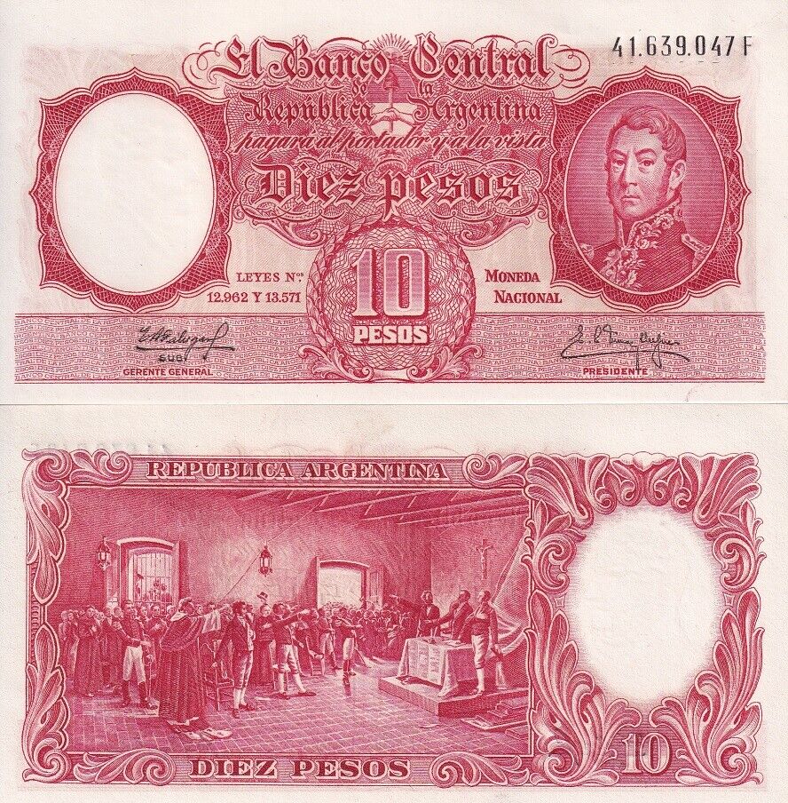 Argentina 10 Pesos ND 1954-1968 Sign # 9 P 270 UNC