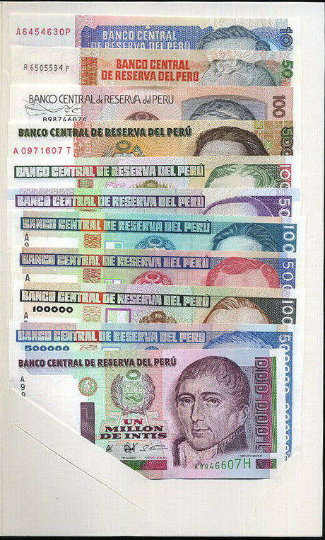 PERU SET 11 UNC 10 50- 5000 10,000-1,000,000 INTIS 1988-1990 P 129 130- 148 UNC