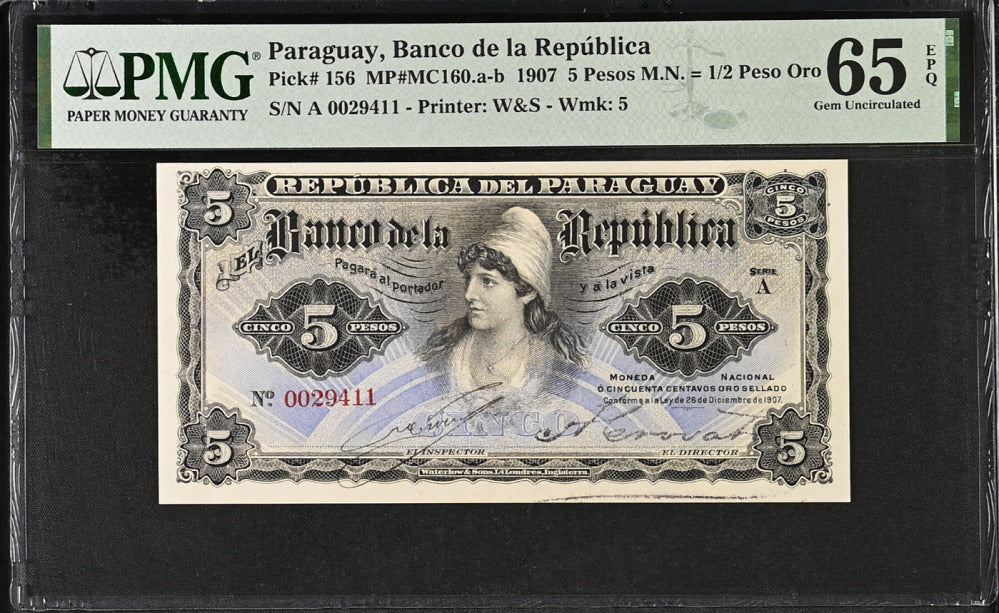 Paraguay 5 Pesos 1907 P 156 Gem UNC PMG 65 EPQ