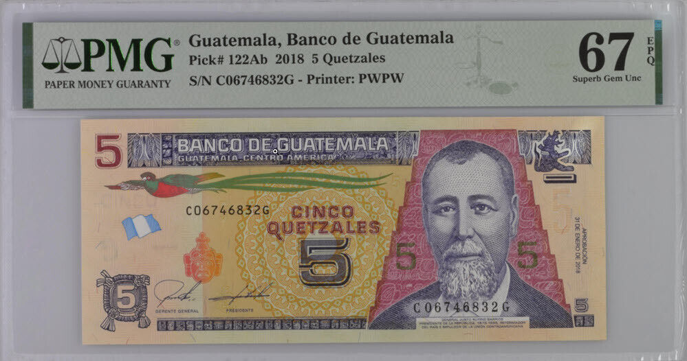 Guatemala 5 Quetzal 2018 P 122Ab Superb Gem UNC PMG 67 EPQ