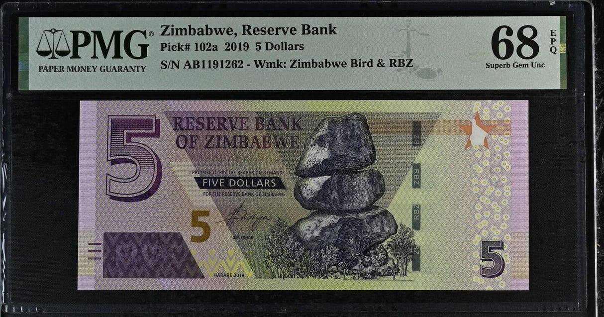 Zimbabwe 5 Dollars 2019 P 102 a Superb GEM PMG 68 EPQ