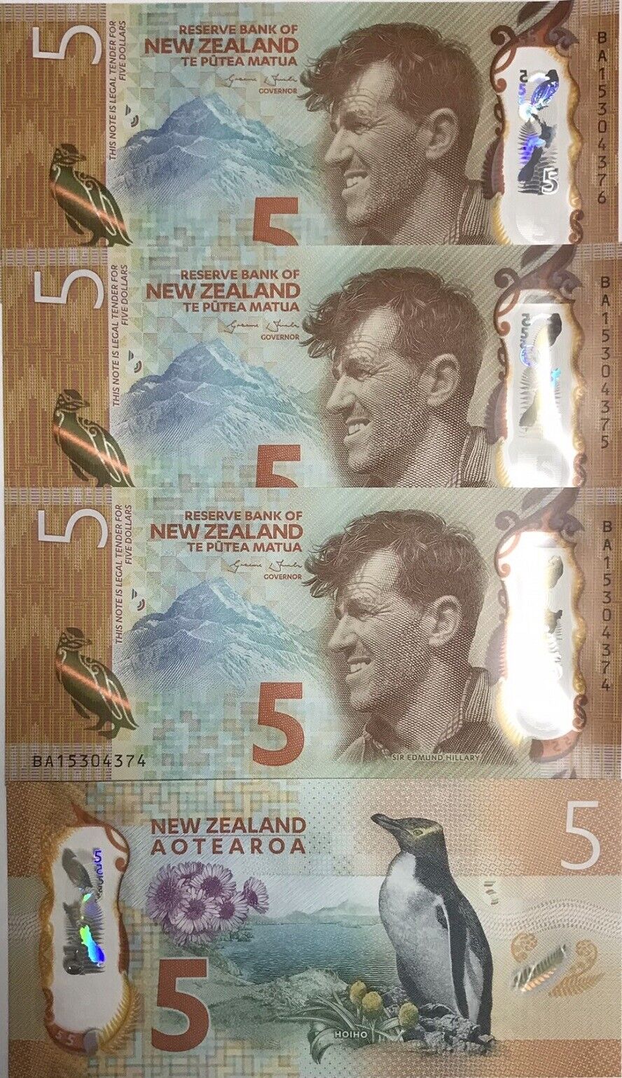 New Zealand 5 Dollars 2015 Polymer P 191 UNC LOT 3 PCS