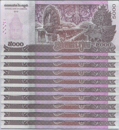Cambodia 5000 Riels 2015 P 68 UNC LOT 10 Pcs