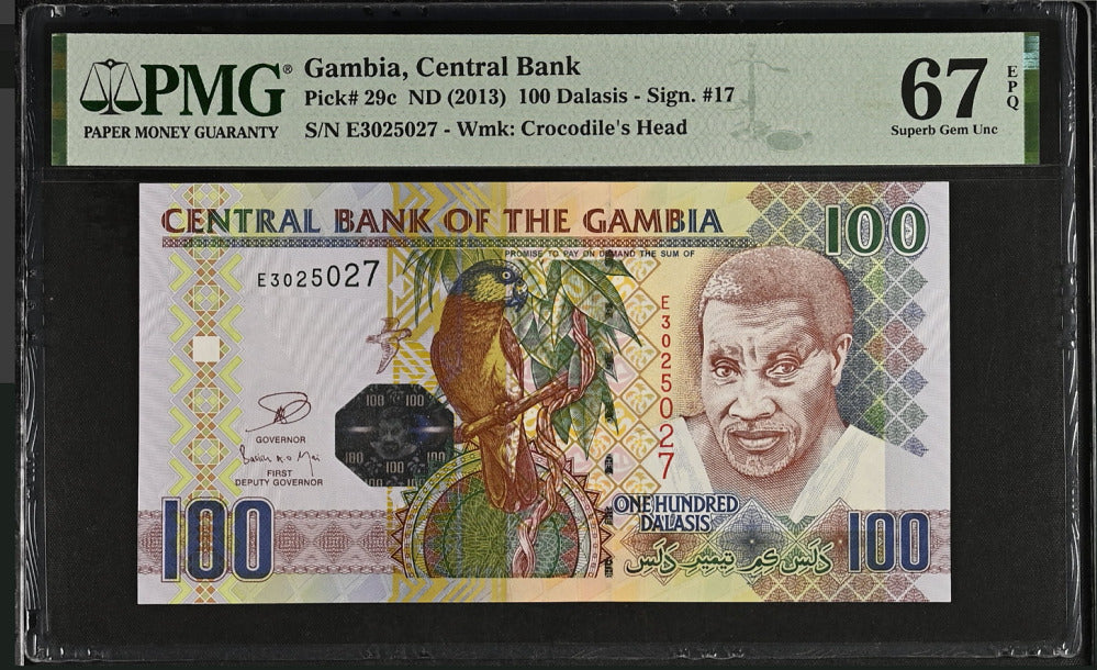 Gambia 100 Dalasis ND 2013 P 29 c Superb Gem UNC PMG 67 EPQ