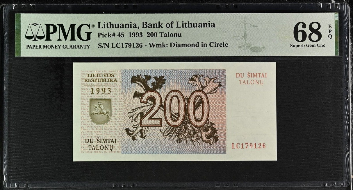 Lithuania 200 Talonu 1993 P 45 Superb Gem UNC PMG 68 EPQ