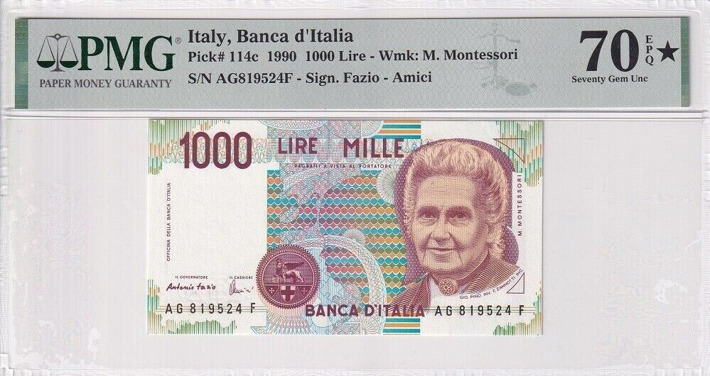 Italy 1000 Lire 1990 P 114 c Superb Gem UNC PMG 70 EPQ Extra Star TOP