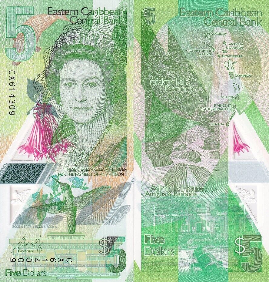 East Caribbean 5 Dollars ND 2021 P 55Aa Polymer QE II UNC