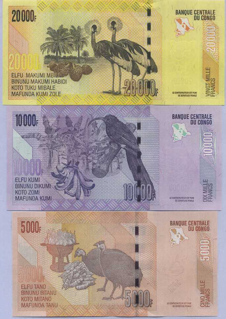 Congo Set 3 PCS 5000 10000 20000 Francs 2020 P New UNC