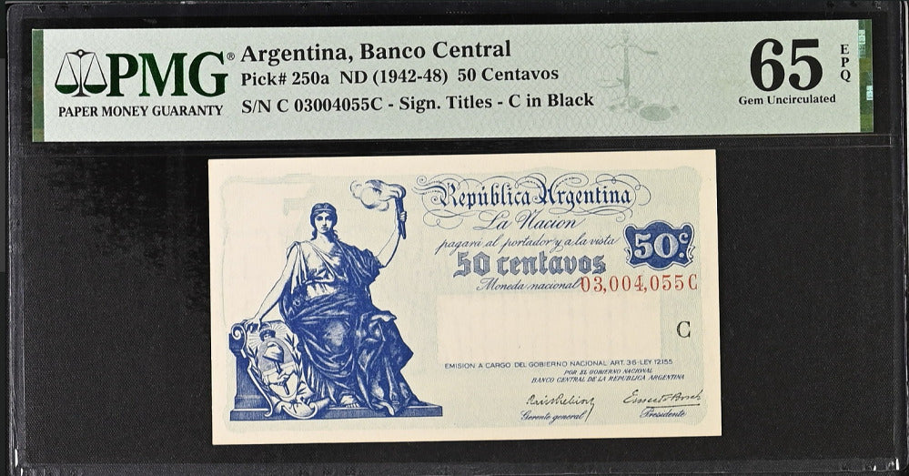 Argentina 50 Centavos ND 1942-48 P 250 a Gem UNC PMG 65 EPQ Top Pop